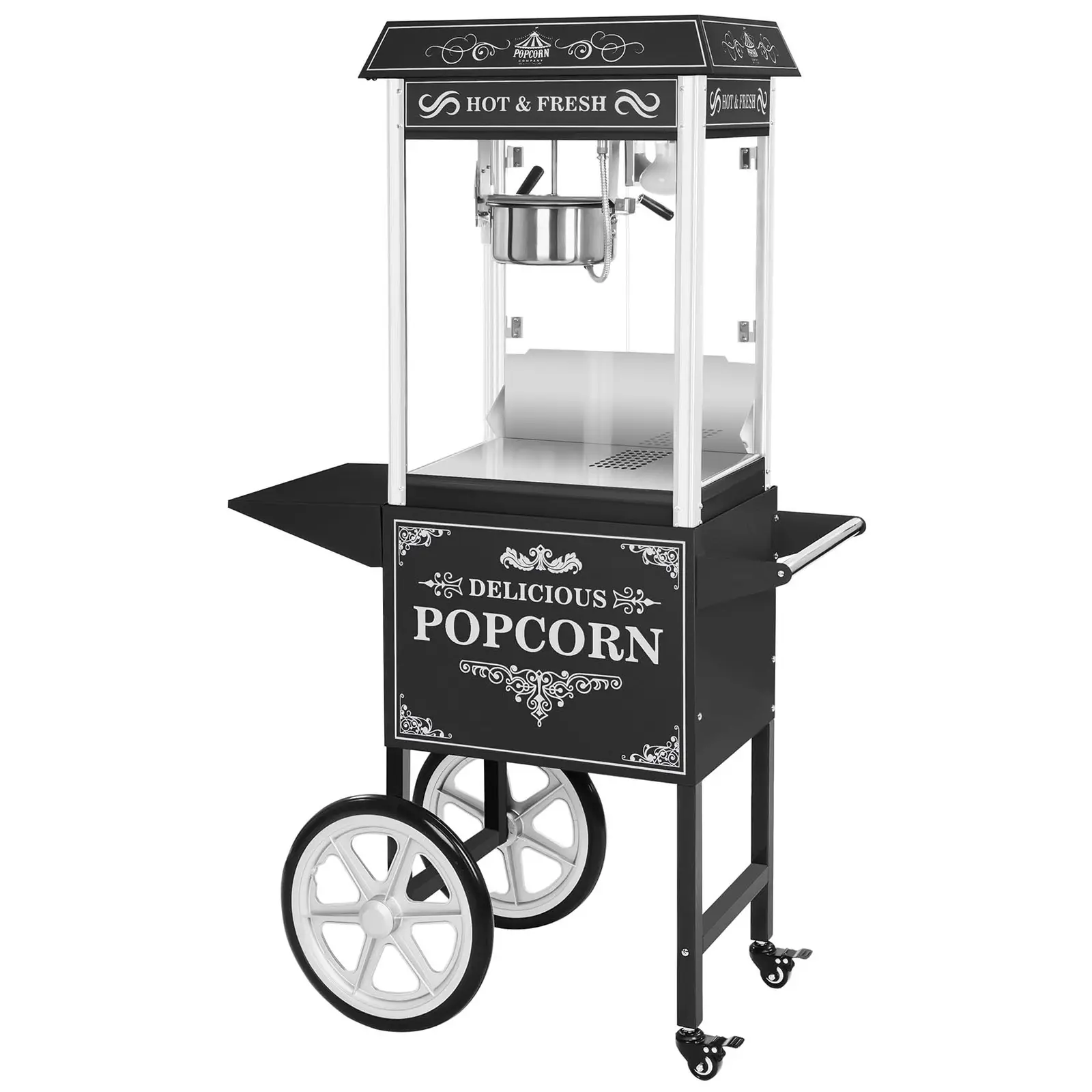 Stroj na popcorn s vozíkem - retro design - černý