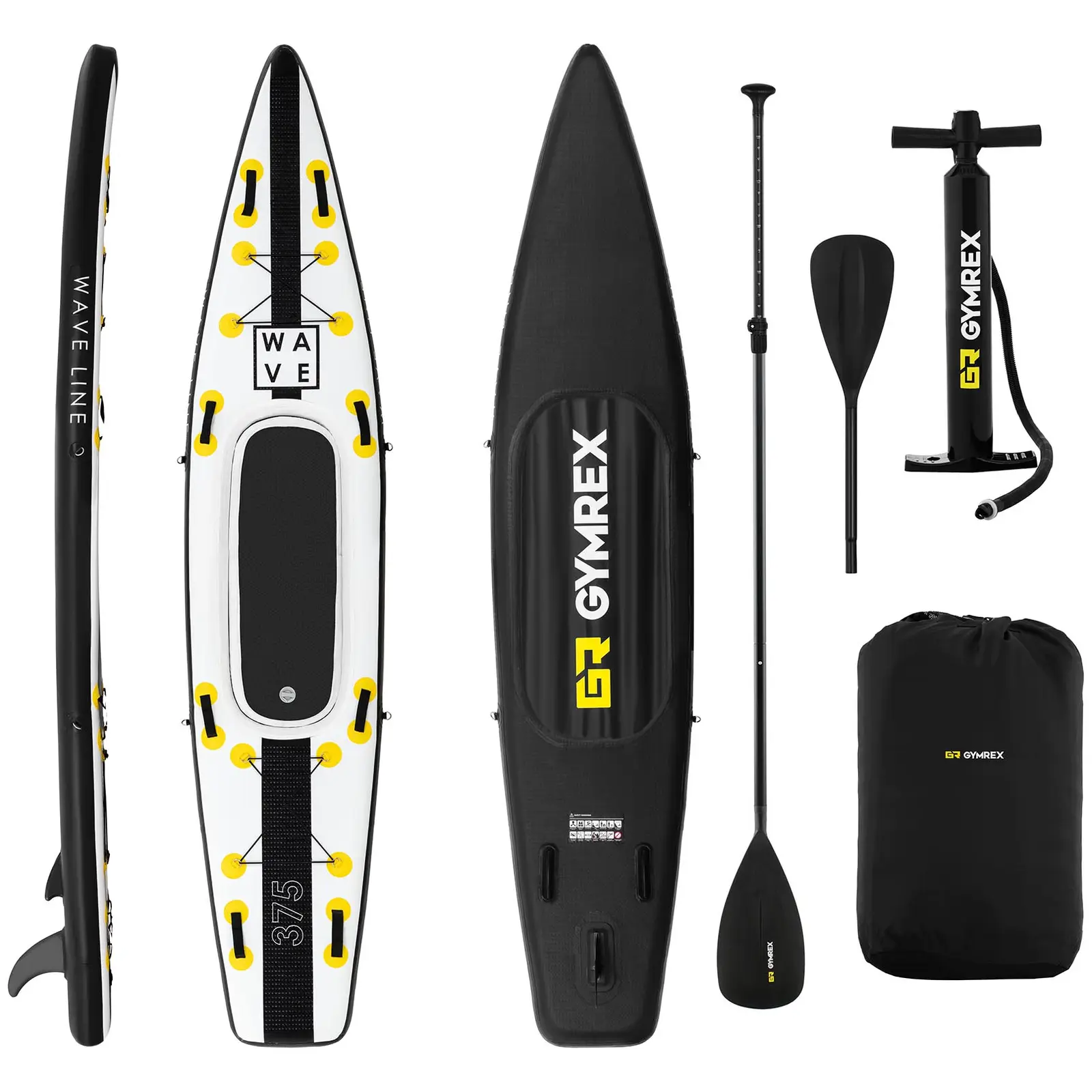 Nafukovací stand up paddleboard - 120 kg - černá / žlutá - sada s pádlem, sedátkem a příslušenstvím