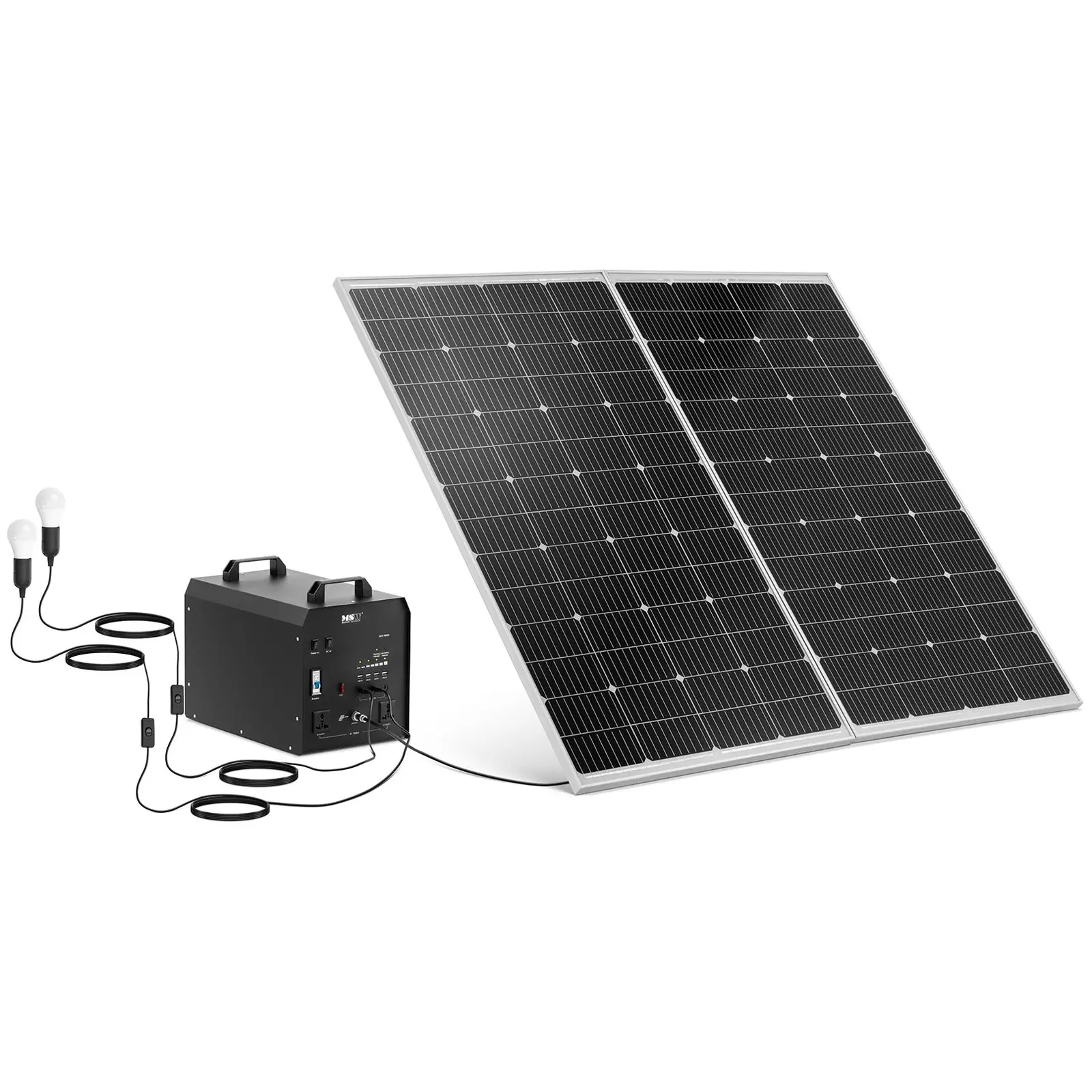Elektrocentrála se solárním panelem a střídačem - 1800 W - 5 / 12 /230 V - 2 LED světla