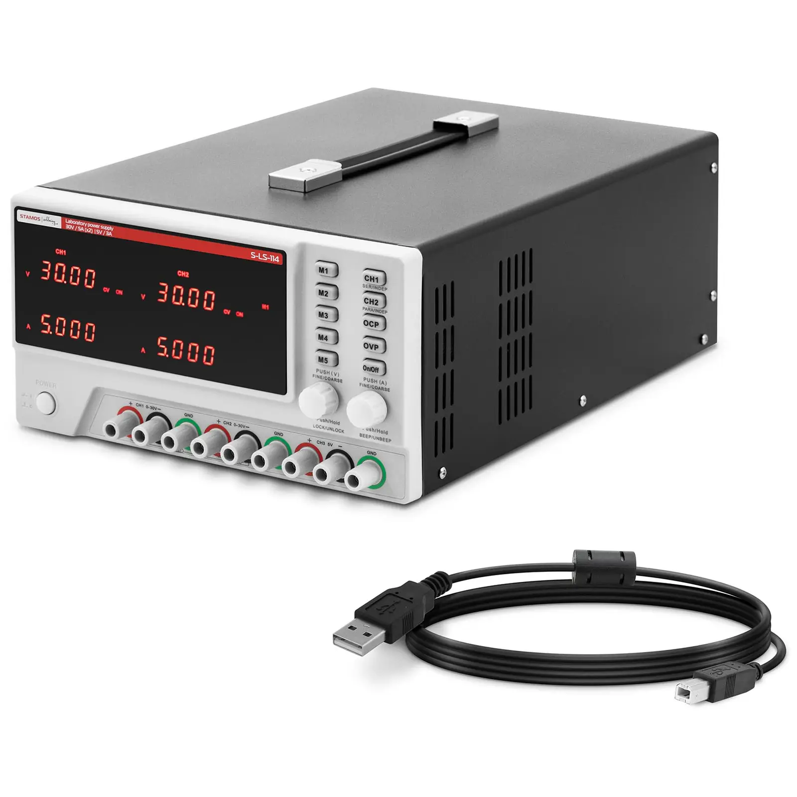 Laboratorní zdroj - 0–30 V - 0–5 A stejnosměrný proud - 550 W - 5 paměťových míst - LED displej - USB/RS232