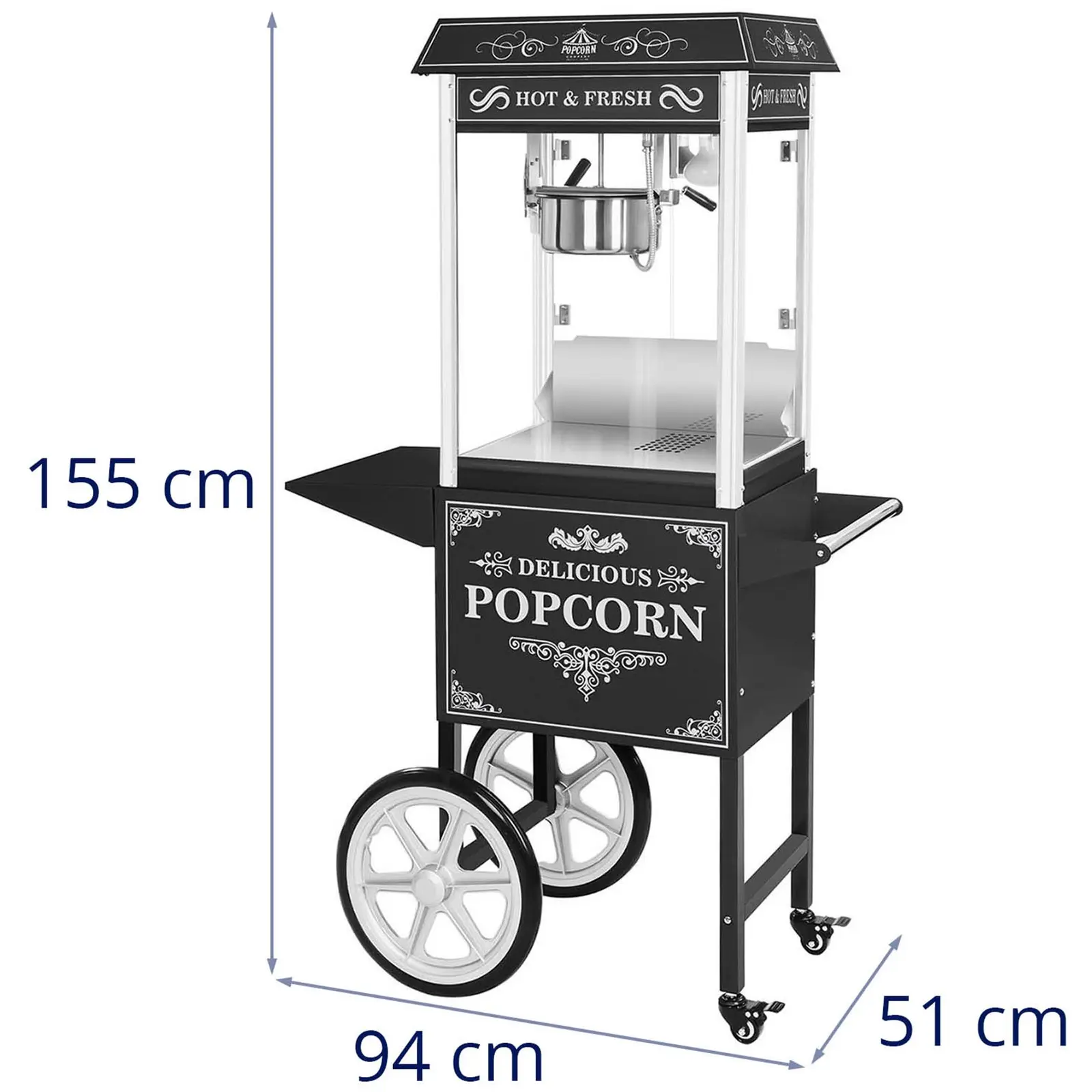 Stroj na popcorn s vozíkem - retro design - černý