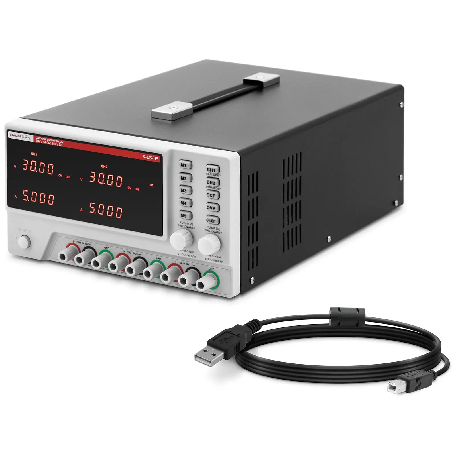 Laboratorní zdroj - 0–30 V - 0–5 A stejnosměrný proud - 550 W - 5 paměťových míst - LED displej